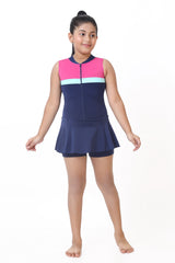 GIRLS TWO-TONE ZIPPER SWIMDRESS